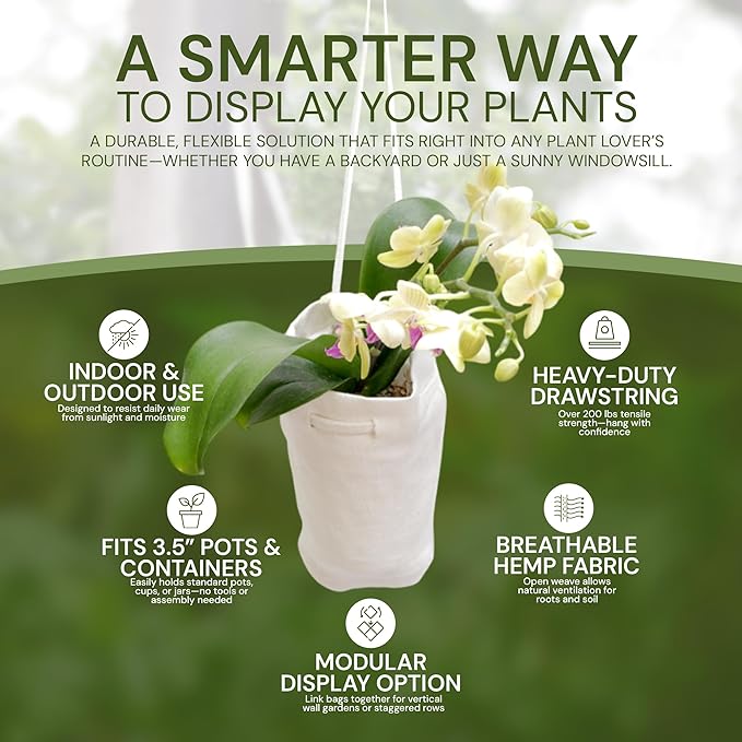 Organic Hemp Hanging Plant Bag – Reusable Natural Fiber Flower Pot Holder for Indoor & Outdoor Use – Fits 3.5 Inch Pots – Strong Drawstring – Ideal for Vertical Gardens, Orchids & Herbs 3-Pack
