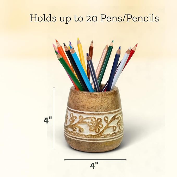 Mie Creations Designer Pencil Holder for Desk Wood | Paintbrush Holder Cup, Desk Accessories, Cute Make Up Brush Organizers | Office Desktop, Wooden Pen Stand | Stationary, Art Supplies | White-4''