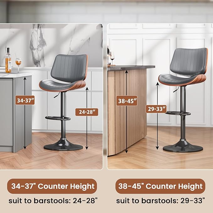 Swivel Bar Stools Set of 3, Adjustable Bentwood Barstools for Kitchen Counter, Modern PU Leather Upholstered Bar Chair with Back and Footrest, for Kitchen Island, Bar, Dining Room, Gray