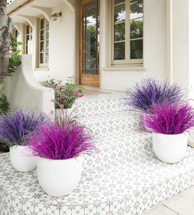 12 Bundles Artificial Fake Grass Plants Flowers Faux Plastic Wheat Grass Outdoor UV Resistant Greenery Shrubs Plant for Outdoor Planters Wedding Indoor Outside Hanging Home Garden Décor(Pure Fuchsia)