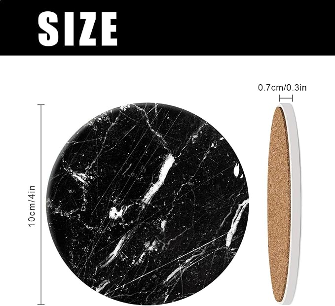 Marble Coasters Set of 4 with Holder Round Water Absorbent Premium Black Classic Marble Ceramic Coasters Tabletop Protection,Suitable for Various Coffee Cup,Home Decor,4 Inch