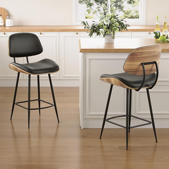 Mid Century Modern Bar Stools Set of 3, PU Leather Counter Height Stools with Walnut Bentwood Back & Metal Legs, 26.7" Barstools Kitchen Island Chairs with Footrest for Home Bars, Black