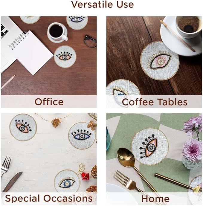 Folkulture Beaded Coasters for Drinks | Set of 4 (4") Round Decorative Bar Coaster for Table Décorations or Coffee Table | Cute Boho Coasters | Set of 4 Evil Eye Decor Gifts for Her