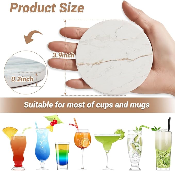 Acejoz Drink Coasters with Holder for Coffee Table, Absorbent Coasters Set of 6, Marble Style Ceramic Coaster for Wooden Table, Suitable for Kinds of Cups, Home Decor, 4 Inches(White)