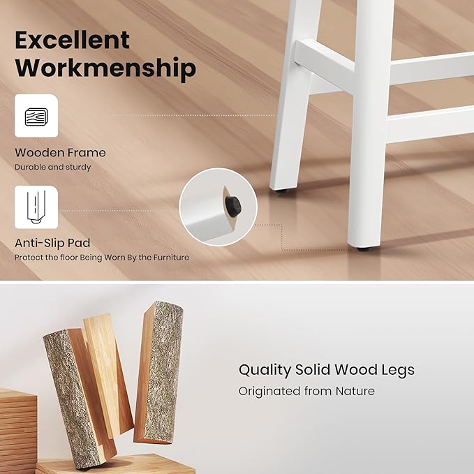 PHI VILLA Bar Stools Set of 2 - Solid Wood Legs Counter Height Barstools with Upholstered Saddle Seat, 24 inch Kitchen Counter Island Stools