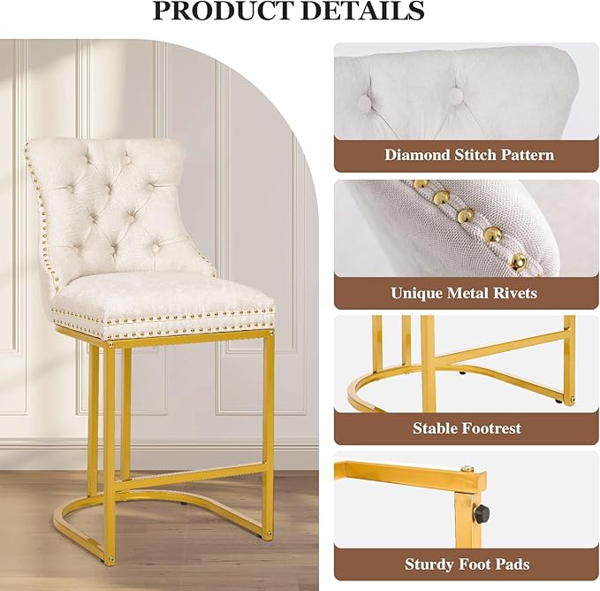 Counter Height Bar Stools Set of 4, 24" Modern Barstools with Back, Frbric Upholstery Counter Chairs with Metal Legs for Kitchen Island, Bar, Counter, White