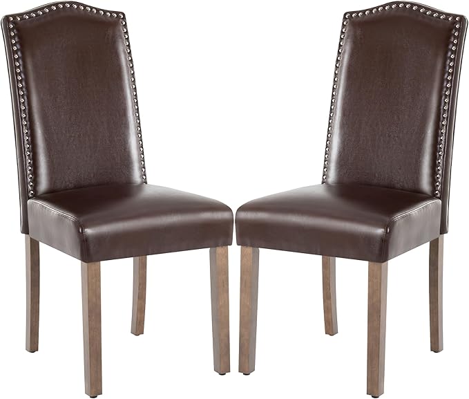 Stylish Upholstered Parsons Dining Chair PU Faux Leather with Silver Nailhead Trim and Sturdy Solid Wood Legs