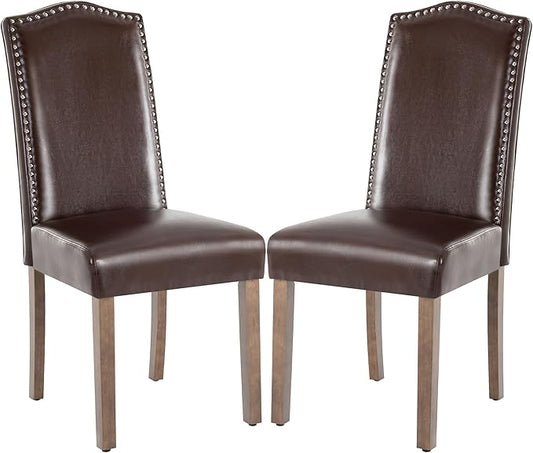 Stylish Upholstered Parsons Dining Chair PU Faux Leather with Silver Nailhead Trim and Sturdy Solid Wood Legs