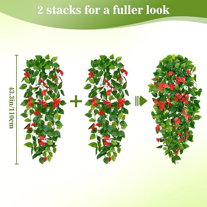 BLEUM CADE Artificial Hanging Flowers for Outdoors, 4pcs Fake Hanging Plants Pothos Vines with Red Flowers for Wall Home Living Room Indoor Outdoor Decor (No Baskets)