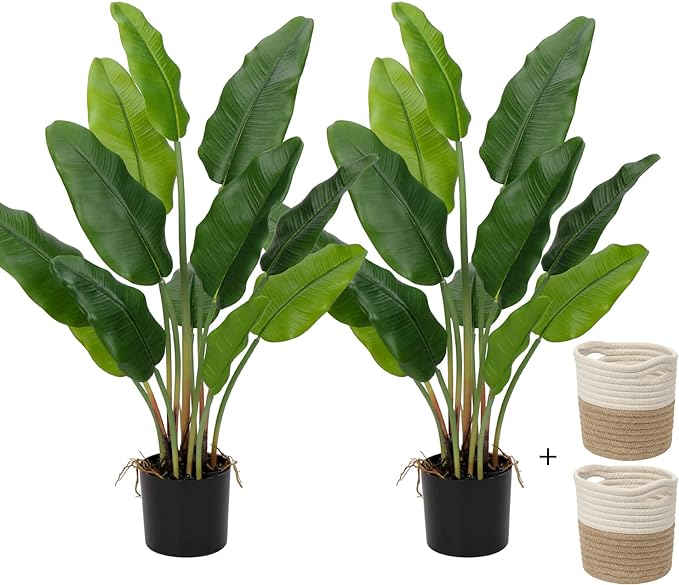 Hollyone 2pcs Large Artificial Bird of Paradise Plant in Pot, 30" Fake Palm Tropical Ferns Potted Plants, 2.6ft Faux Plantain Banana Leaf Plant for Indoor Outdoor Home Garden Decoration