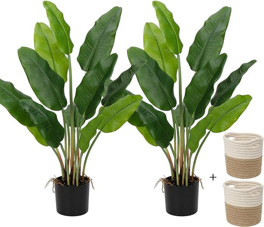 Hollyone 2pcs Large Artificial Bird of Paradise Plant in Pot, 30" Fake Palm Tropical Ferns Potted Plants, 2.6ft Faux Plantain Banana Leaf Plant for Indoor Outdoor Home Garden Decoration