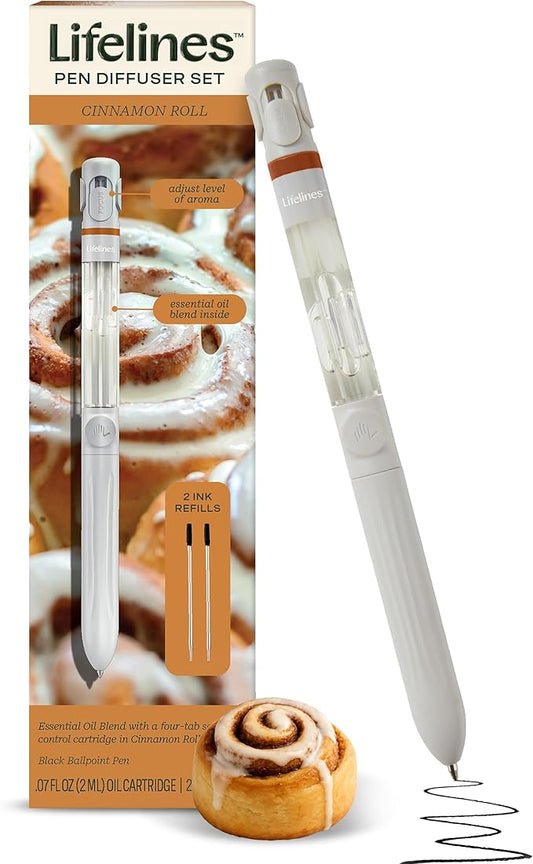 Lifelines Pen Diffuser Set, Cinnamon Roll - 1mm Black Ballpoint Pen with Scented Essential Oil Blend & 2 Ink Refills – Aromatherapy Diffuser & Sensory Immersion Diffuse Aroma As You Write