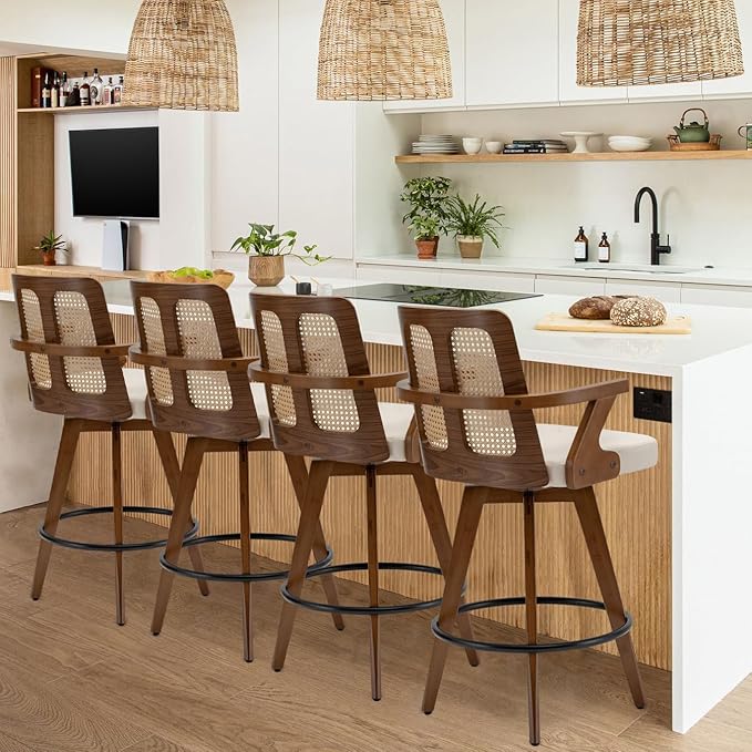 Set of 3 Mid Century Counter Stools - 27 inch Rattan Swivel Counter stools with Curved Back, Walnut Crafts, Upholstered Faux Leather, CounterChairs for Island/Pub/Kitchen (27" Seat Height, Beige)