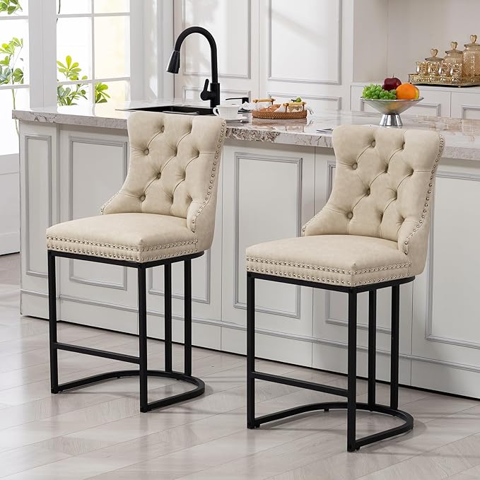 UVV Counter Height Bar Stools Set of 2, 26" Modern Barstools with Back, Faux Leather Upholstery Counter Chairs with Metal Legs for Kitchen Island, Bar, Counter, Beige