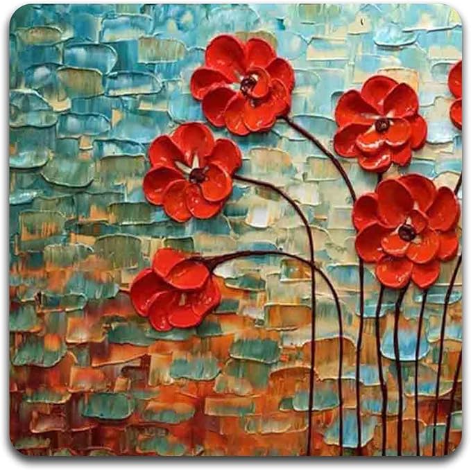 Red Oil Painting Square Coaster Set - Made of Recycled Rubber - Set of 4