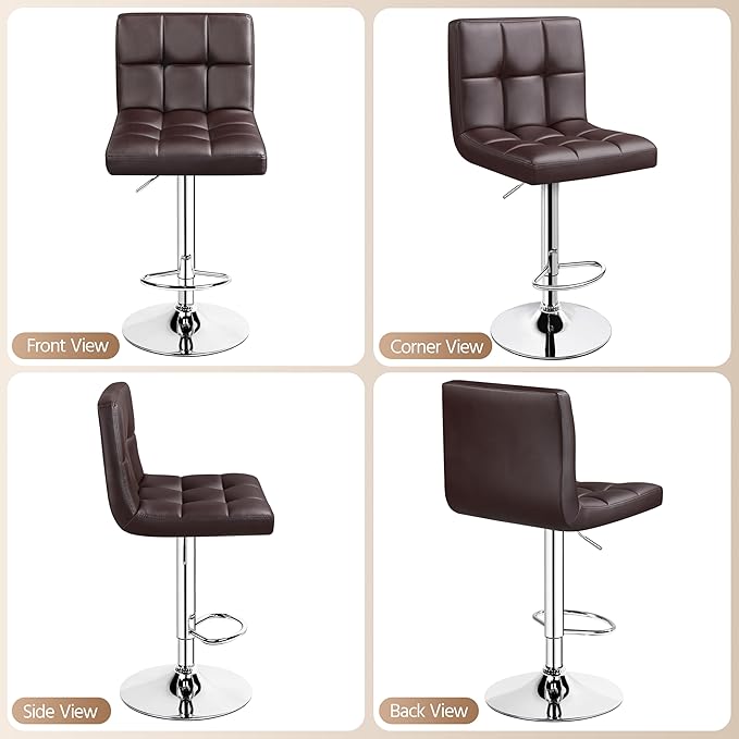 Yaheetech Bar Stools Set of 2, Adjustable PU Leather Swivel Barstools, Modern Counter Stools with Back and Footrest, Counter Height Barstools for Bar, Kitchen, Dining Room, Brown