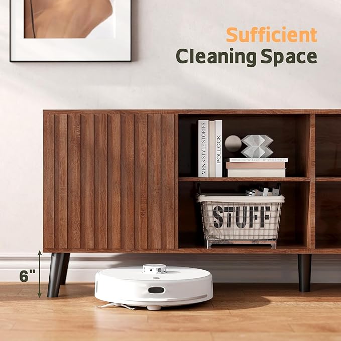 Mid-Century Modern TV-Stand - Fluted TV Stand for 80 75 65Inch TV, Entertainment Center with Storage, Media Console with Adjustable Shelves for Living Room, Walnut