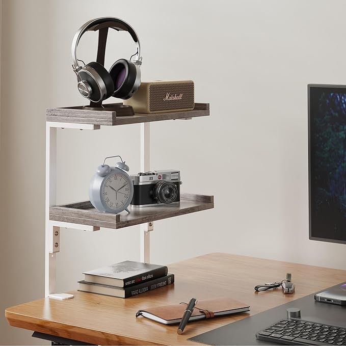 Clamp On Desk Shelf 2-Tier, 12.5 inch Wood Shelving Unit for Office Desk/Gaming Accessories, Tabletop Book Storage Rack, Shelf for Top & Under of Desk, Grey