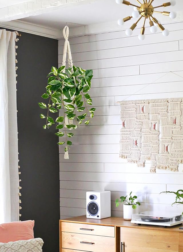 Briful Macrame Hanging Plant with Fake Pothos in White Pot, White N' Joy Faux Hanging Decor for Home Ceiling, Farmhouse Kitchen