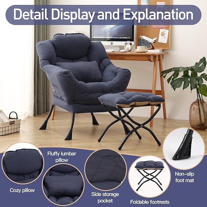 Lazy Chair with Ottoman, Modern Accent Chair with Lumbar Pillow, Comfy Chairs with Folding Footrest for Bedroom, Reading, Oversized Supportive Lounge Chairs(Navy Blue)