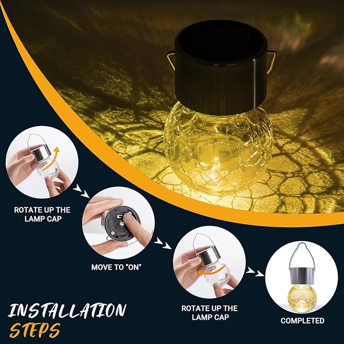 GIGALUMI 8 Pack Solar Outdoor Hanging Lights - Warm White LED, Water Resistant, Glass, Rechargeable Battery