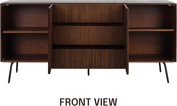 NTC Veil Sideboard with 2 Doors and 3 Drawers, Buffet Cabinet with Vertical Groove Design and Metal Legs, Storage Cabinet for Living Room, and Entryway, Effortless Assembly - Dark Walnut