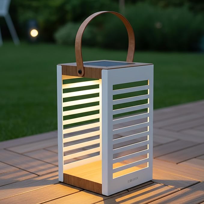 Solar Lantern with Handle - Outdoor Metal Solar Light (7.87×13.78"), Waterproof & Rustproof, 8H Auto-On Warm White Light, Portable for Patio, Porch, Balcony & Garden Decor (Single Pack, White)