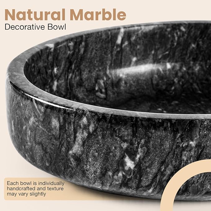 Marble Decorative Bowl - 7.5" Natural Black Solid Marble Centerpiece - Handmade Stone Fruit Bowl - Catch-All or Key Bowl for Kitchen - Modern Minimalist Decor