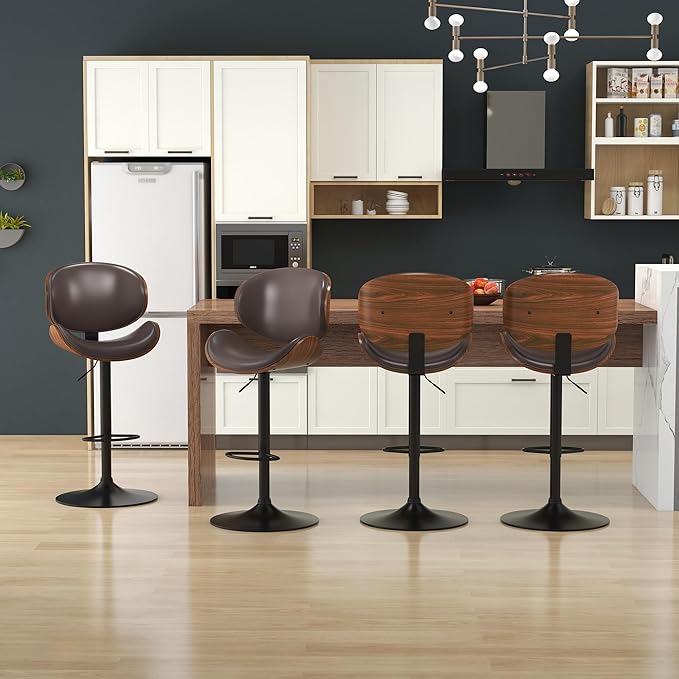 KCC Bar Stools Set of 6, Swivel Adjustable Height Barstools, PU Leather Upholstered Bar Chairs with Footrest, Bentwood Bar Stool for Kitchen, Bar, Dining Room(Brown PU)