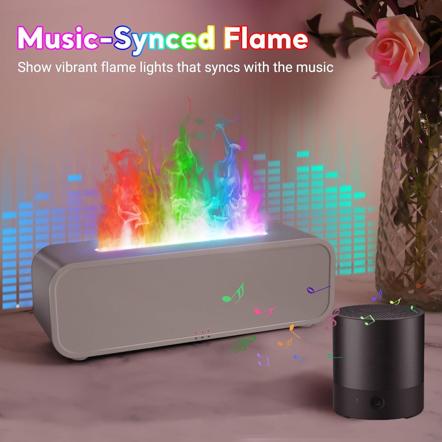 Eseential Oil Diffuser, 250ml Flame Oil Diffuser - Aromatherapy Humidifier, Sound Activated Flame Effect, Rainbow Flame, Music Sync, Remote Control - Perfect for Bedroom Home Office Yoga (White)