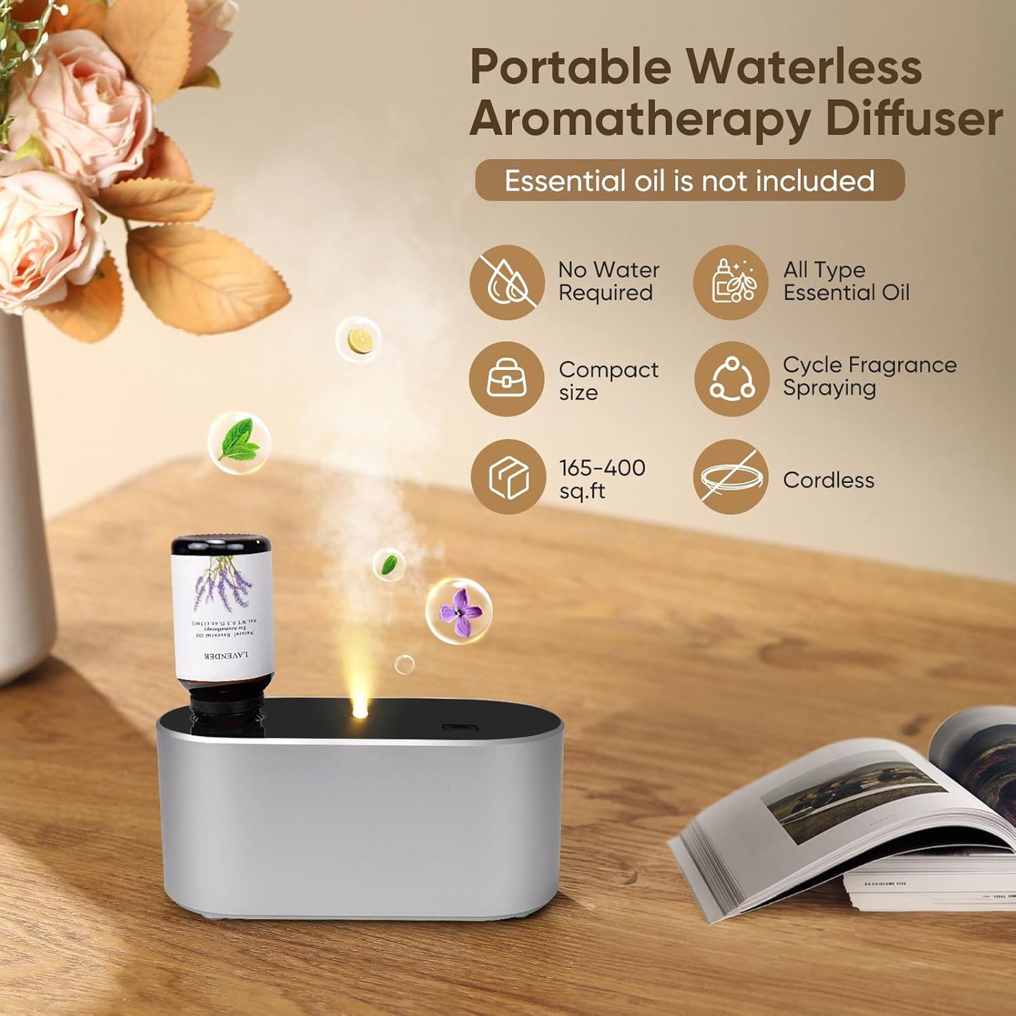 Waterless Diffuser for Home Essential Oil Diffuser, Aromatherapy Diffuser, Portable Scent Diffusers, 3 Mist Modes, Cycle Start for Bedroom, Office Studio 160 sq. ft Silver