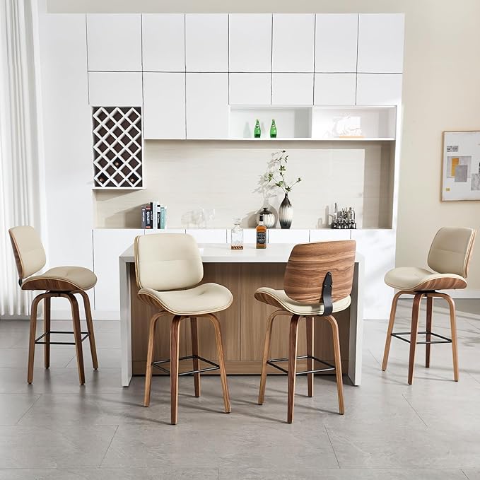 Mid Century Modern Bar Stools Set of 2, 29.5'' Bar Height Swivel Stools with Bentwood Legs, Faux Leather Upholstered Bar Chairs with Footrest for Kitchen Island & Countertops,Beige