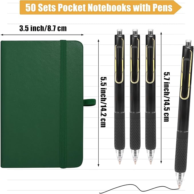 Aodaer 50 Sets Pocket Notebook Journal with Pens, 160 Pages, 3.5 x 5.5 Inch Mini Lined Journal Notebook A6 Leather Hardcover College Ruled Notepad with Pen Holder for School Office Gifts, Dark Green