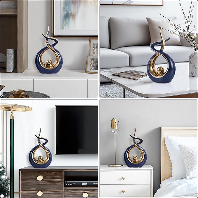Gold Blue Modern Sculpture Table Decorations, Ceramic Knick Knacks Statues for Living Room Decor, Tv Stand and Desk Decor, Suitable for Coffee Tables and Shelf Decorations, Great Gift Idea