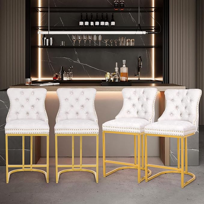 Counter Height Bar Stools Set of 4, 24" Modern Barstools with Back, Frbric Upholstery Counter Chairs with Metal Legs for Kitchen Island, Bar, Counter, White