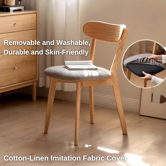 100% Solid Oak Wooden Dining Chairs - Practical Kitchen Chairs with Upholstered Cushion - Wood Chair for Dining Room, Kitchen (1, Natural with White Cushion)