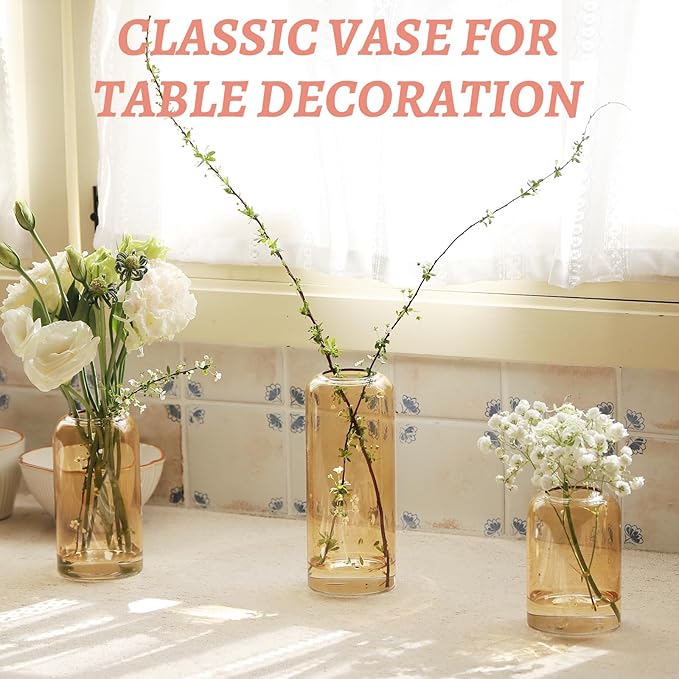 12Pcs Glass Bud Vases Set, Small Flower Vase for Centerpieces, Small Vases for Flowers, Decor Centerpiece for Bathroom, Decorative Vases for House Warming (Amber)