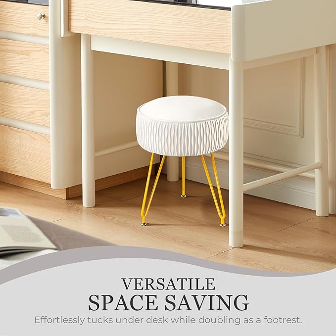 Velvet Vanity Stool Footrests, Round Ottoman Vanity Chairs with Anti-Slip Feet, Dressing Table Seat Foot Stool with Black Legs, Furry Padded Seat Side Table for Makeup Bedroom(White, Golden)