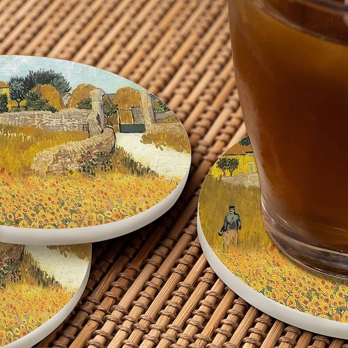 Farmhouse Coasters for Drinks 2 Pack Harvest Season Oil Painting House Farm Village Life with Sunflower Tabletop Protection Kitchen and Coffee Table Décor & Accessories,Set of 2