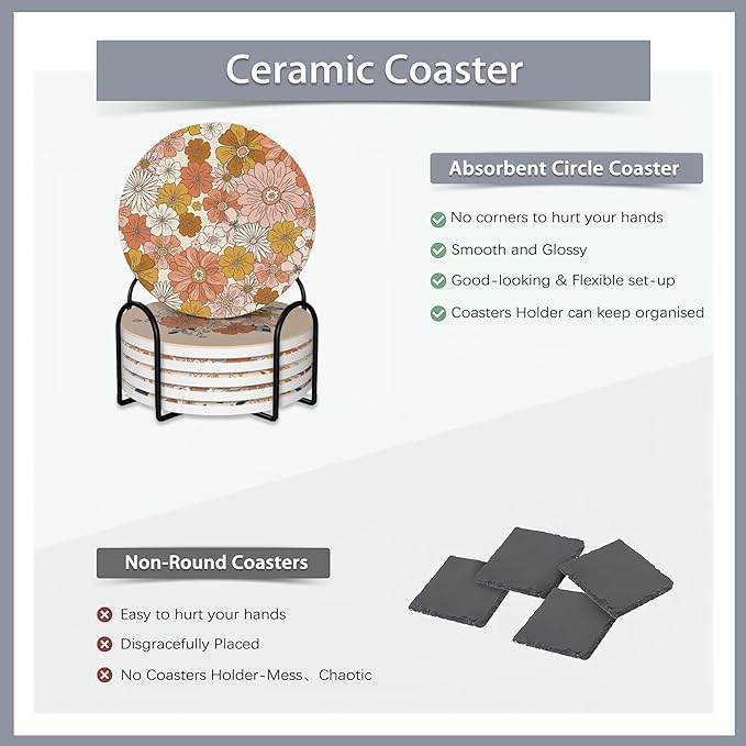 6 Pcs Coasters for Drinks with Holder,Retro 70s 60s Floral Hippie Flowers Absorbent Coaster with Cork Backing,Great Gift for Housewarming,Room Decor,Bar,Holiday Party