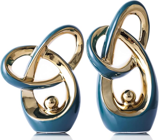 Teal Gold Modern Abstract Art Home Decor Accent,Statues Coffee Table Decor for Living Room,Table Centerpieces for Dining Room,Ceramic Sculptures and Gold Knick Knacks for TV Stand Decor (Green Gold)