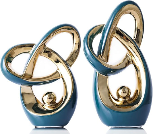 Teal Gold Modern Abstract Art Home Decor Accent,Statues Coffee Table Decor for Living Room,Table Centerpieces for Dining Room,Ceramic Sculptures and Gold Knick Knacks for TV Stand Decor (Green Gold)