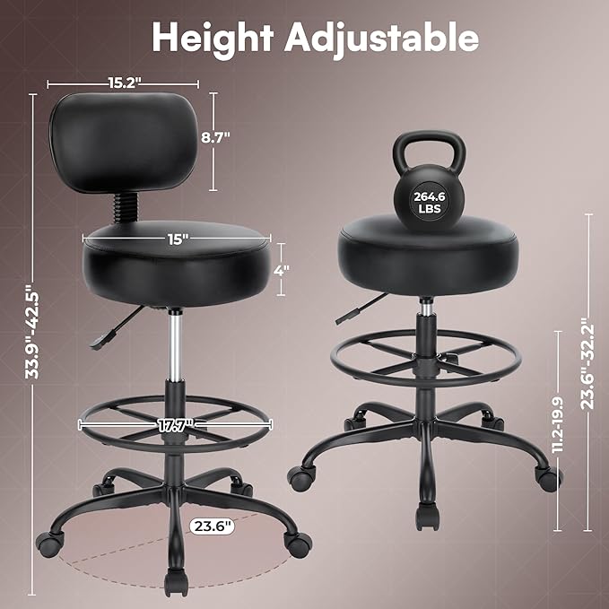 SUPERJARE Drafting Chair with Back, Adjustable Foot Rest Rolling Stool, Multi-Purpose Office Desk Chair, Thick Seat Cushion for Home Bar Kitchen Shop - All Black