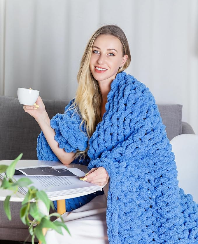 clootess Chunky Knit Blanket Chenille Throw - Warm Soft Cozy for Sofa Bed Boho Home Decor (Blue 40x60 in)