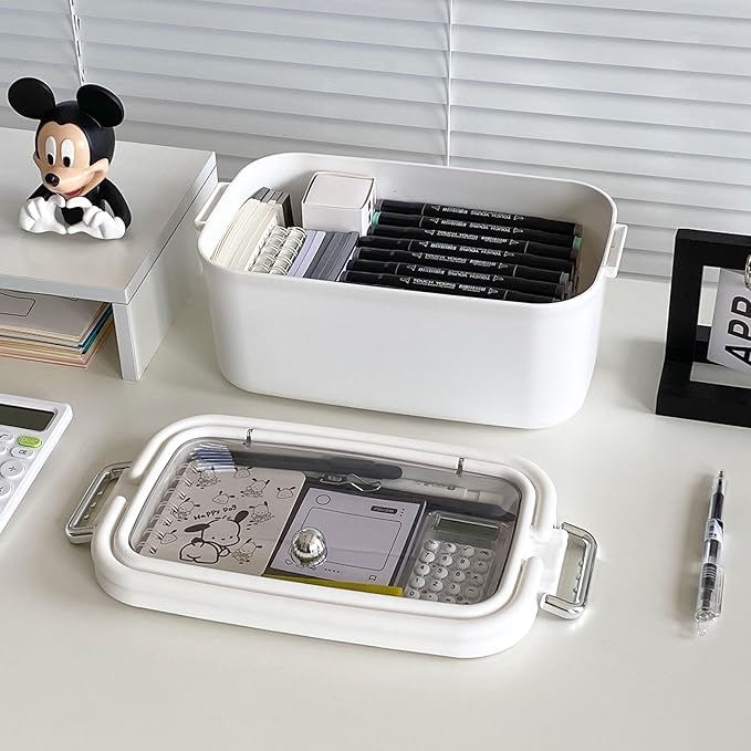 Large Pen Organizer with Lid, White Desk Accessories Storage Box for Home Office Organization, Plastic Crafts Case with Handle for Marker, Pencils, Stationery, Greeting Cards, Envelopes
