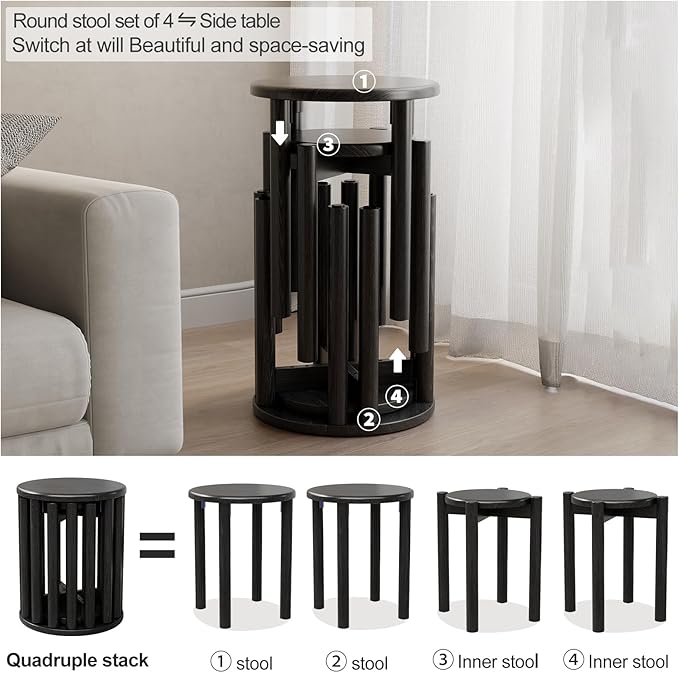 Stackable Stools Set of 4,Wood Stool,18 Inch Stool,Stacking Stools,Nesting Table,Sturdy and Durable,No Installation Required,Top Stackable Round Side Table (Black Barstool)