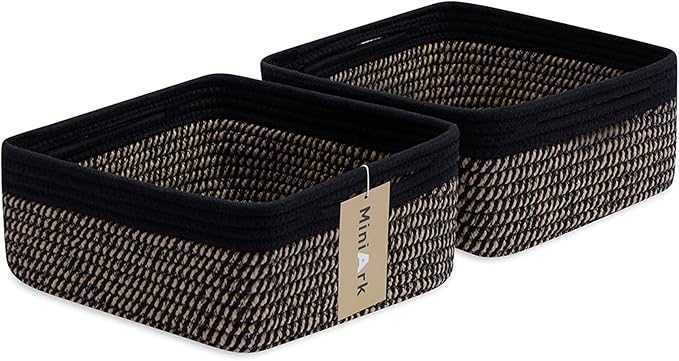 Small Square Shallow Baskets for Organizing, 9.7x9.7x4.3 Inch Rope Woven Storage Bins for Cubes Closet, Shelves Storage, Boho Decorative Basket, 2 Packs Black Brown