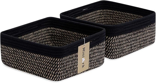 Small Square Shallow Baskets for Organizing, 9.7x9.7x4.3 Inch Rope Woven Storage Bins for Cubes Closet, Shelves Storage, Boho Decorative Basket, 2 Packs Black Brown