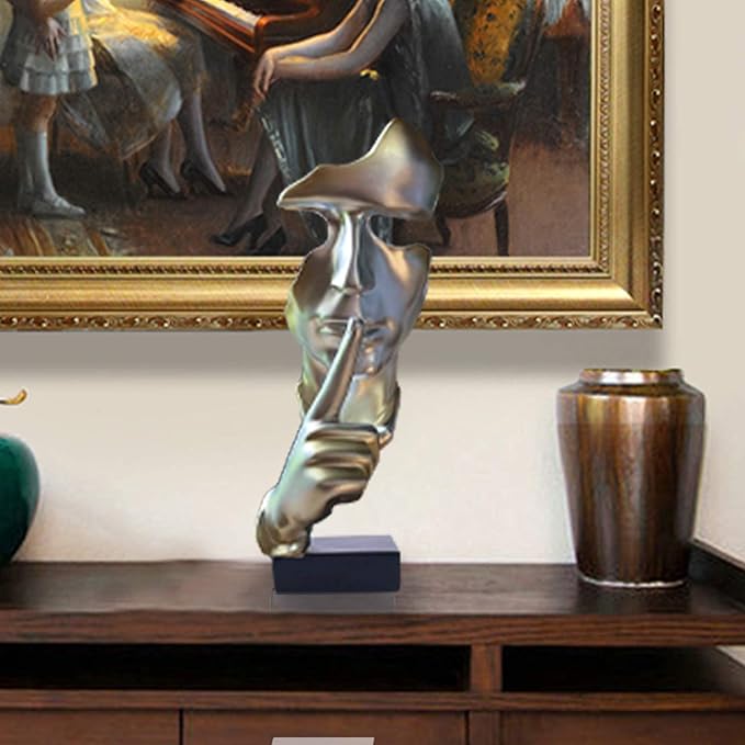 aboxoo Abstract Statues Silence is Gold Decorative Objects,Modern and Simple Resin Figurine,Desk Decoration for Office Home Piano Decor. (Silver)