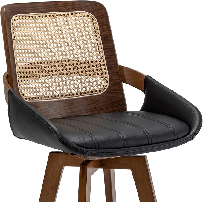 Bar Height Bar Stools Set of 4 - 29.5 inch Mid Century Modern Bar Stools with Cane Back, Curved Arms, Faux Leather Upholstered Seat, Rattan BarStools for Island/Pub/Kitchen (30" Seat Height, Black)